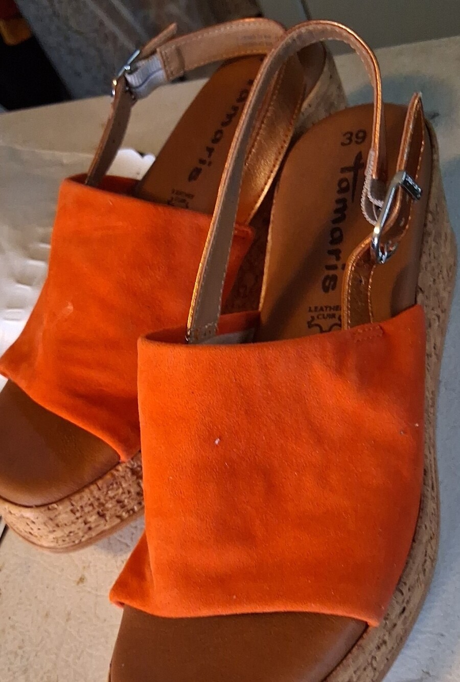 Tamaris Orange Suede Cork Wedge Sandals 39